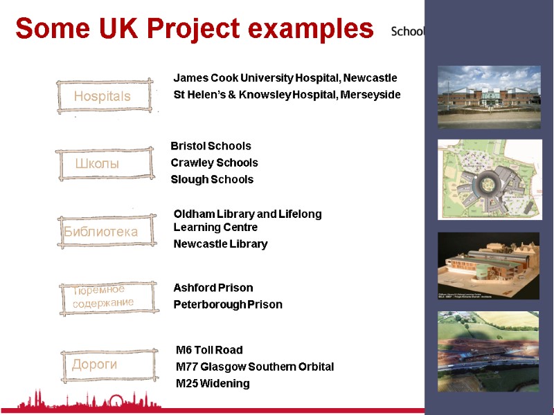 Some UK Project examples Hospitals Школы Библиотека Тюремное содержание Дороги James Cook University Hospital,